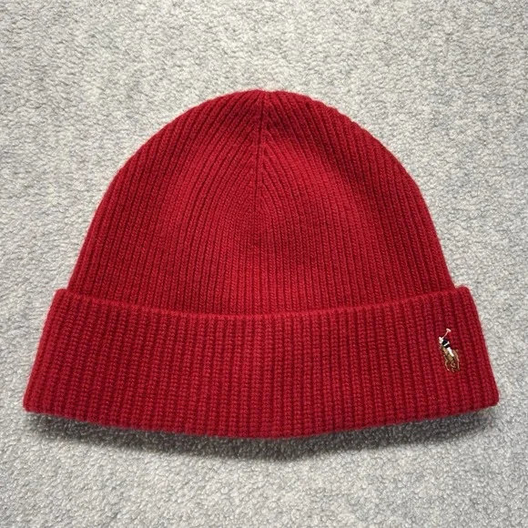 Polo Ralph‎ Lauren Red Wool Blend Rib Knit Beanie Hat One Size