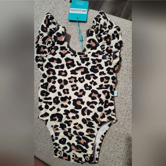 Posh Peanut Lana Leopard Print Swimsuit with Ruffled Sleeves Nwts 0/3 Months