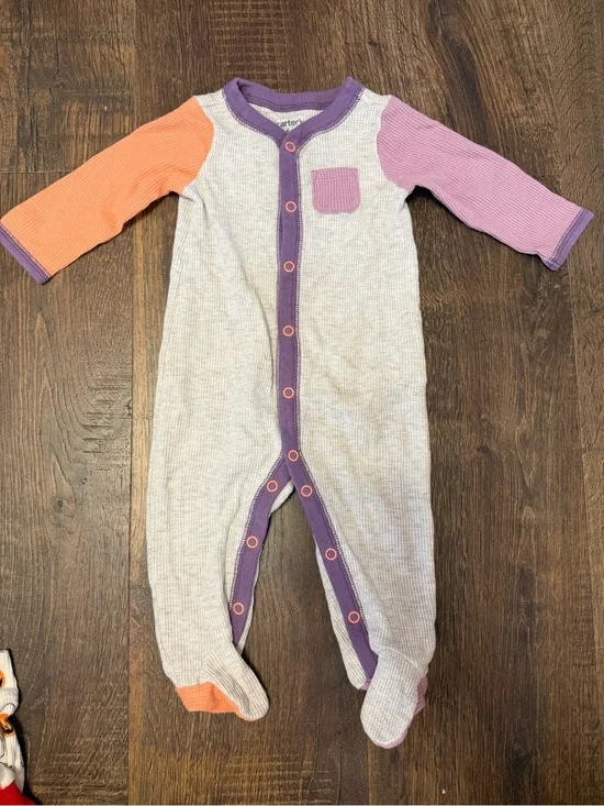 Carter's Neutral Waffle Knit Footed One-Piece with Purple Trim and Orange Sleeve
