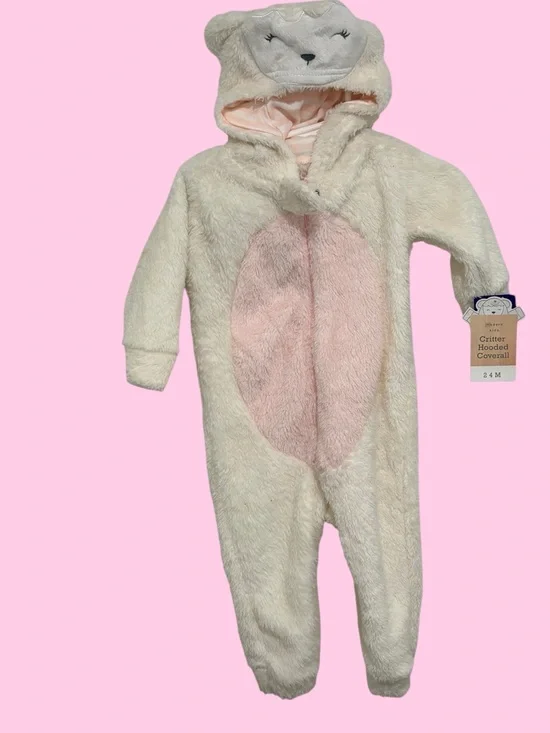 Baby Critter Hooded One-Piece Romper - Cream with Pink