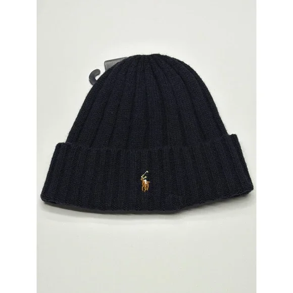 Polo Ralph‎ Lauren Men Navy Blue Wool Blend Ribbed Beanie Hat One Size NWT