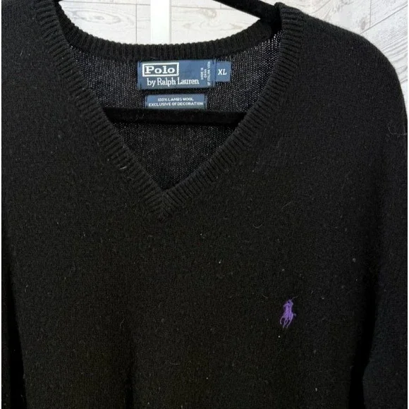 VTG Polo Ralph Lauren Men's 100% Lambs Wool V-Neck Sweater Black XL XLARGE‎
