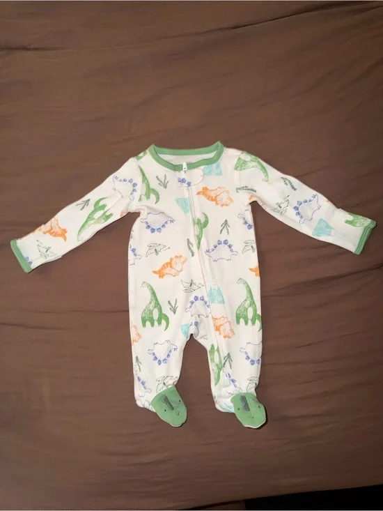 Kids White Dinosaur Print One-Piece Pajamas with Green Trim