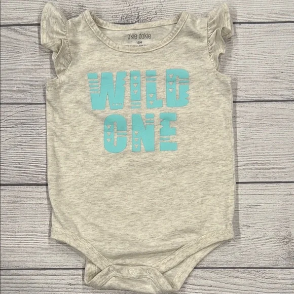 Okie Dokie Cream and Blue ‘WILD ONE’ Bodysuit with Ruffled Sleeves