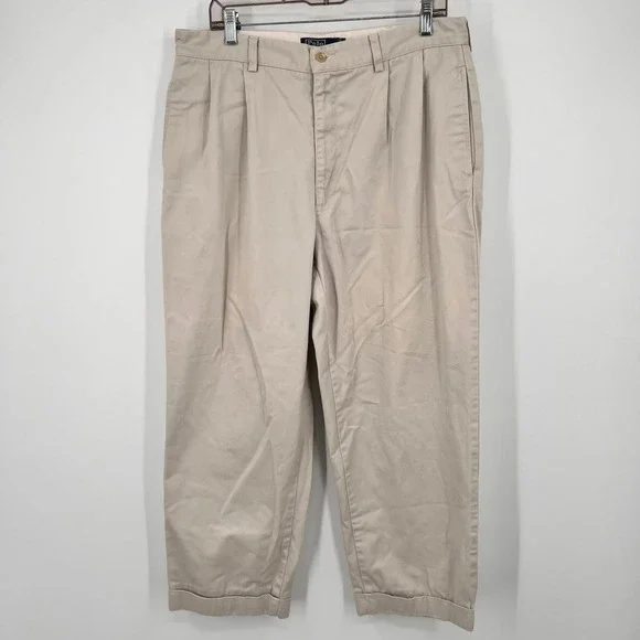 Polo Ralph Lauren Hammond Pant Mens 36x27‎ Khaki Tan Pleated Cotton Chino Cuffed