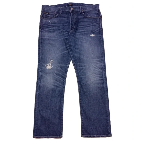 POLO RALPH LAUREN Men's Denim Jeans Button Fly Medium‎ Blue Distressed ~ 36 x 30
