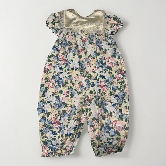 Vintage Mothercare Size 24 Mo Baby Girl Floral Romper Lace Collar Bib Hem