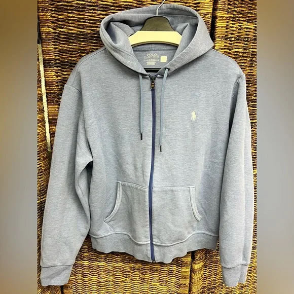 Polo by Ralph Lauren Blue Double‎ Knit Full Zip-Up Hooded Sweatshirt-Large