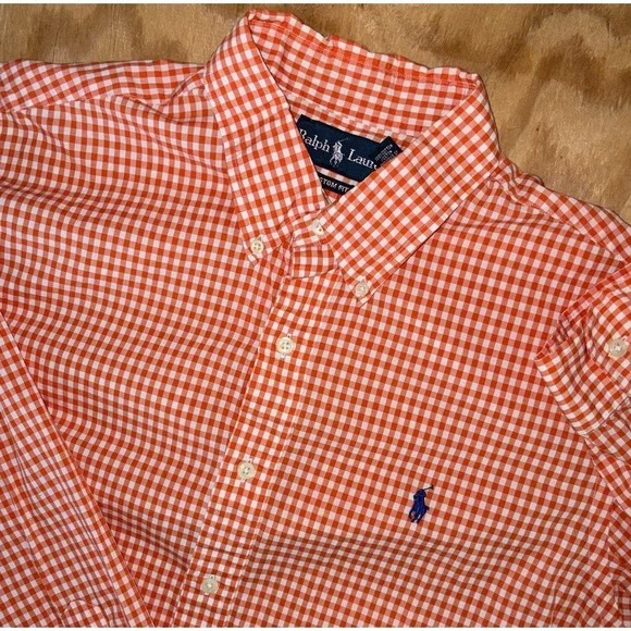 Polo Ralph Lauren Men's Orange Gingham Check Button Down Large Custom‎ Fit