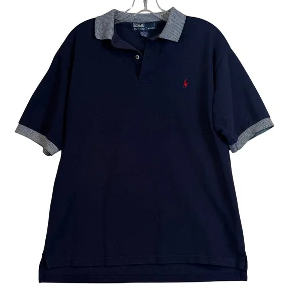 Polo Ralph Lauren Mens Large Navy Blue Striped Collar‎ Polo Shirt Preppy Summer