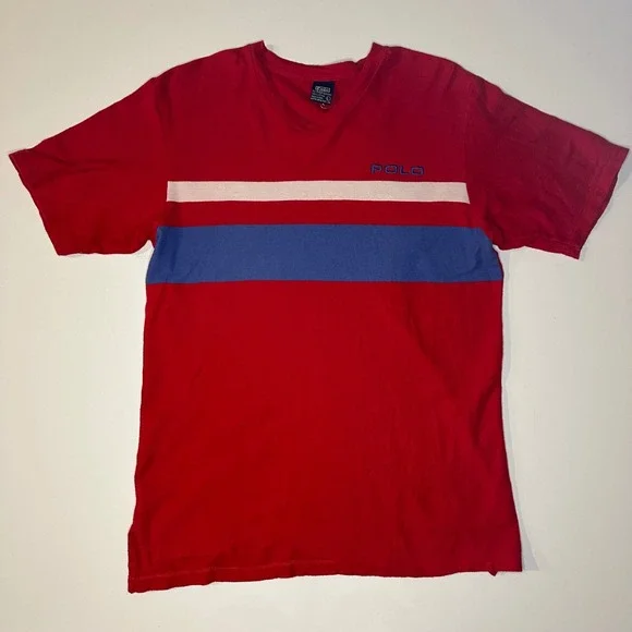 Polo By Ralph Lauren Striped T-Shirt‎ Single Stitch V-Neck Cotton Casual Mens LG