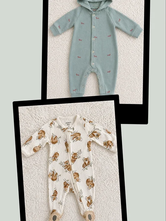 Bundle Of 2 - Teal Hooded Romper w/ Tiny Pink Dog Prints & Footie w/ Koala Print