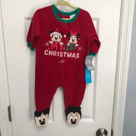 Disney 6-9 mo Mickey Minnie Baby My 1st Christmas Sleeper PJs Footie one piece