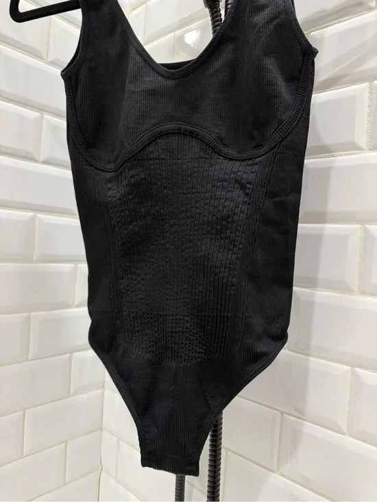 Black Ribbed Compression One-Piece Bodysuit
