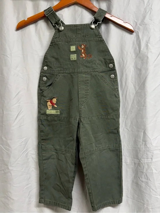 VINTAGE olive Green Winnie the Pooh Embroidered Kids Overalls