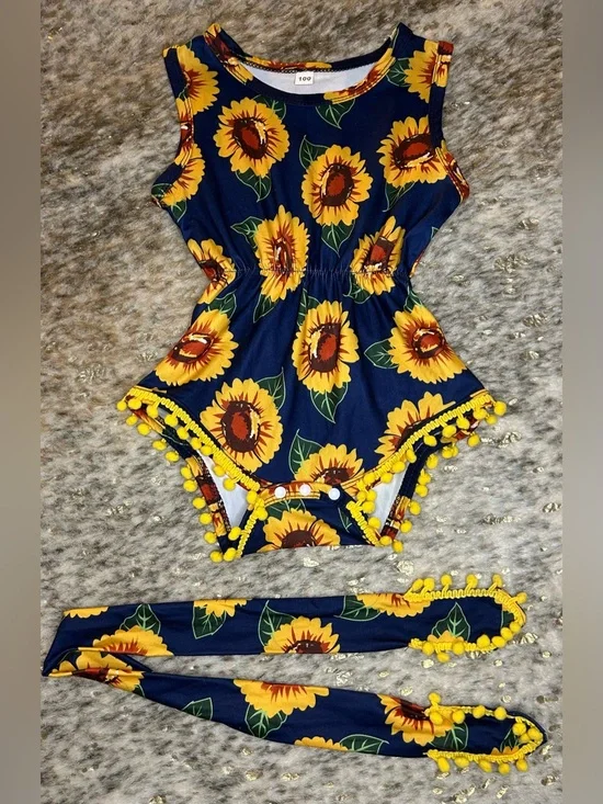 5 for $25🔥3T-4T Yellow Sunflower PomPom‎ Hem Snap Bottom Bodysuit & Headband