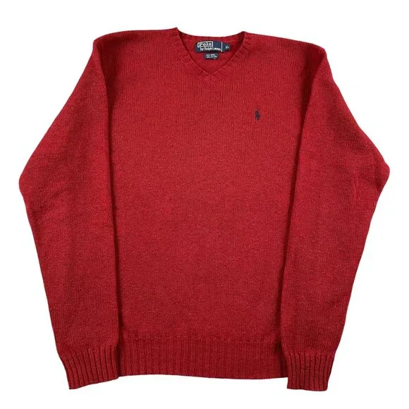 VTG Polo Ralph Lauren Sweater Mens XL Red 75% Wool VNeck‎ Pullover