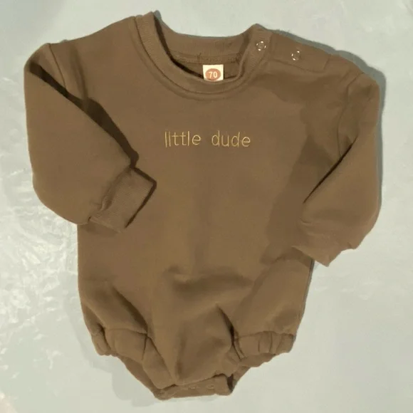 Brown‎ Baby Onesie with 'Little Dude' Embroidery