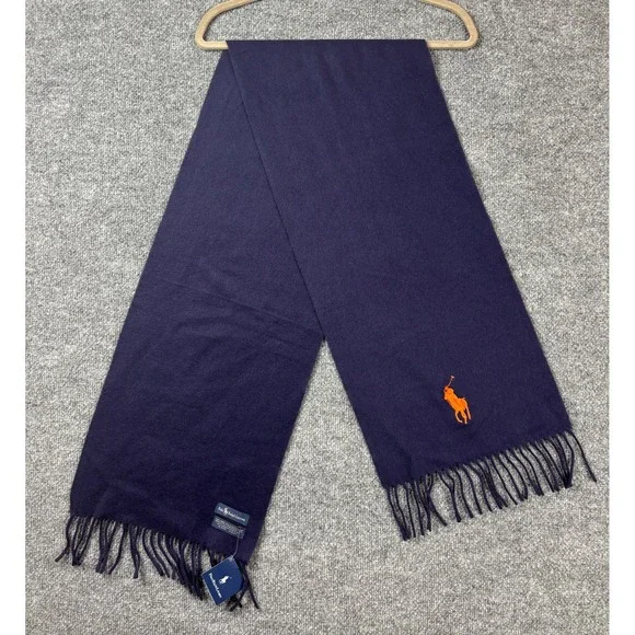 NWT Polo‎ Ralph Lauren Navy Lambswool Scarf Orange Pony Logo Fringe Preppy