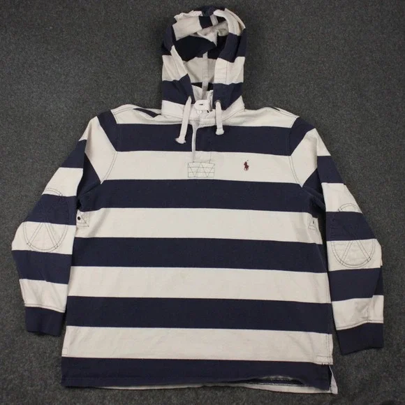Ralph Lauren Polo Rugby‎ Hoodie XL Navy White Stripe Elbow Patch Preppy