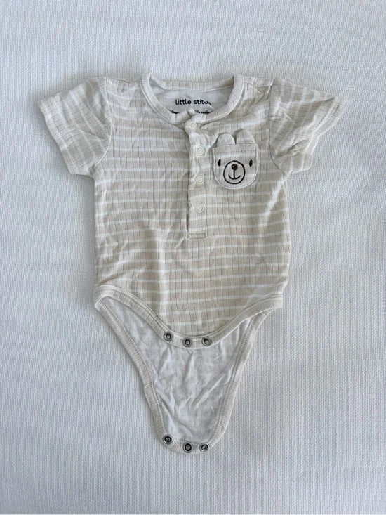 Little Stitch Cream Striped Bear Pocket Baby Bodysuit