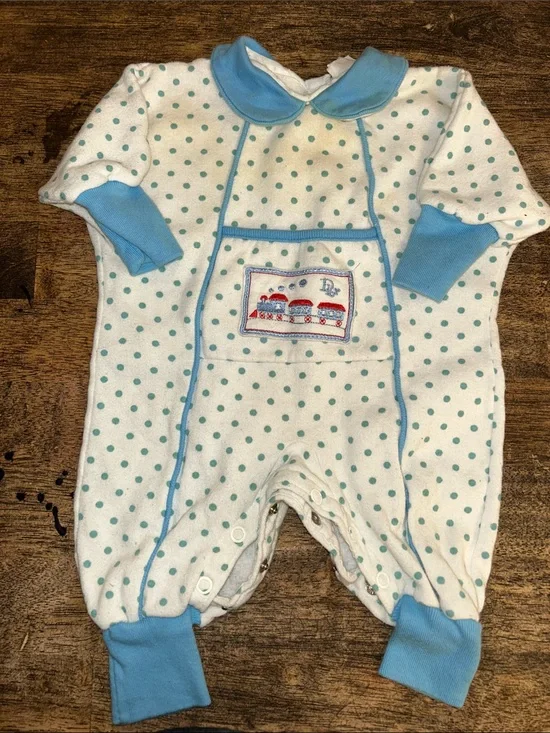 #73Blue Polka Dot Baby Footie One-Piece with Collar
