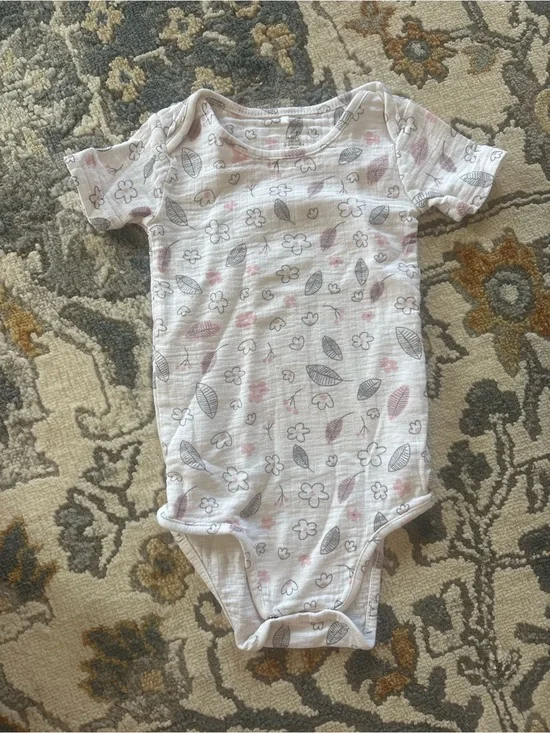 aden + anais White Muslin Baby One-Piece with Pink and Gray Floral Print