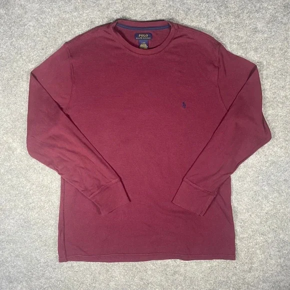 Polo Ralph Lauren Mens Burgundy Waffle Knit Long Sleeve Crew Neck‎ Polo Shirt L