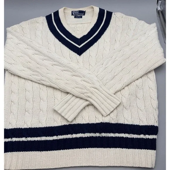 Polo Ralph Lauren Cricket Sweater Mens XL Cable Knit Cotton Hand Knit Navy