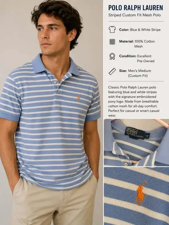 Polo Ralph Lauren Men's Striped Custom Fit Mesh Polo Shirt