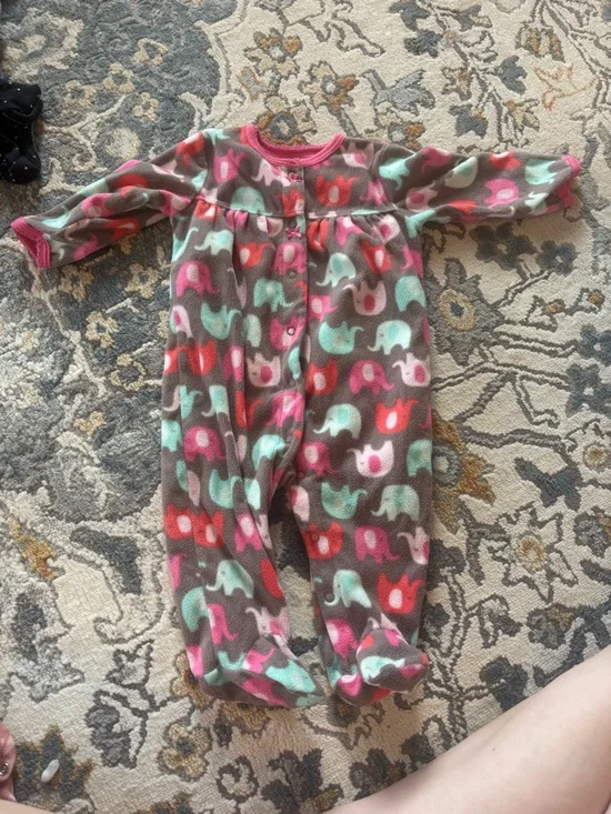 Carter's Brown Fleece Footie with Pink, Aqua & Red Elephants