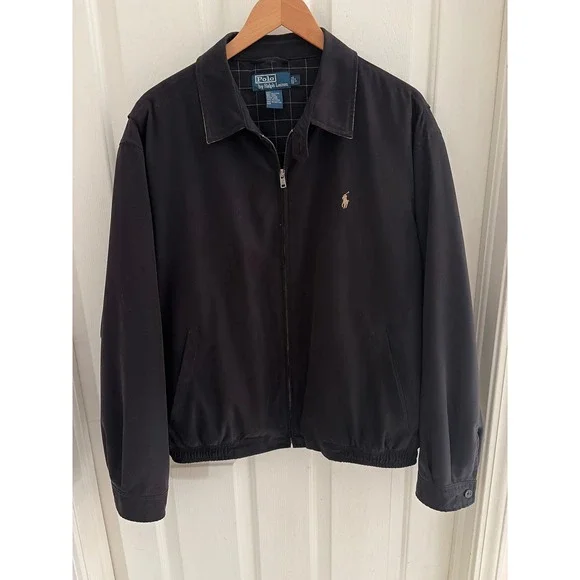 Polo Ralph Lauren Mens Black Harrington Jacket‎ L Windowpane Lining Windbreaker