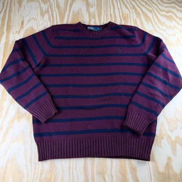 Polo Ralph Lauren Mens Striped Crewneck Sweater‎ Burgundy Navy Blue Large Pony L