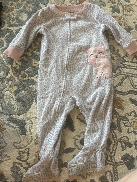Carter's Gray Leopard Print Footed One-Piece with Pink Cat Applique