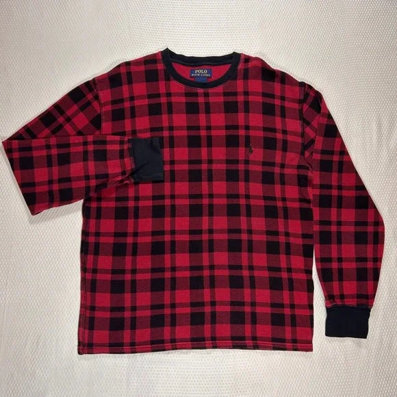 Polo Ralph Lauren Mens Red Black‎ Buffalo Plaid Waffle Knit Thermal Shirt Large