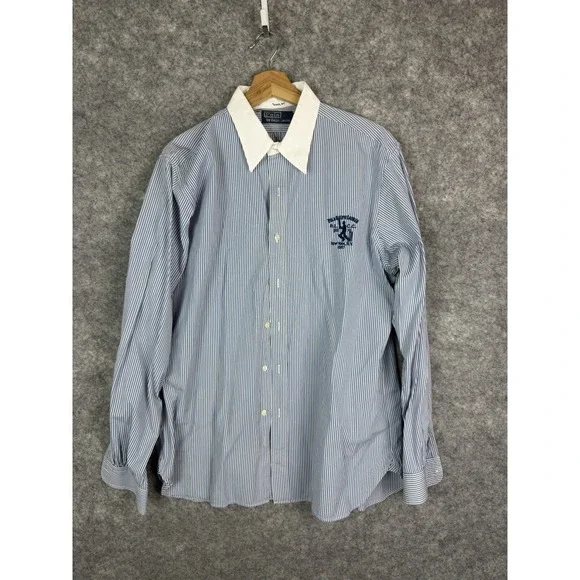 Vintage Polo Ralph Lauren Shirt Mens Large Striped NYC RL.CC Button Up Blue 90s