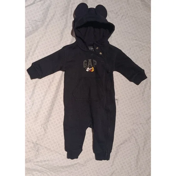 Infant Baby Gap Unisex Mickey Mouse Romper Outfit 3‑6 Months Hood w/ Ears Disney