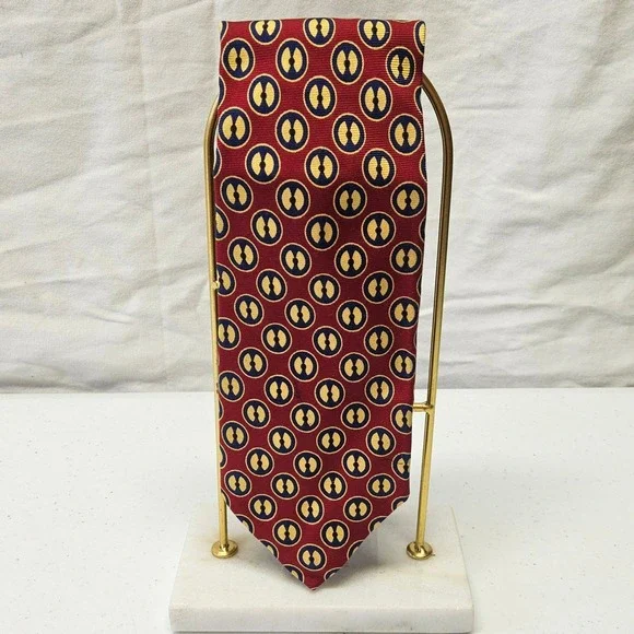 Polo Ralph Lauren Tie Mens Red‎ Gold Geometric Circle Silk Made in USA Hand Made
