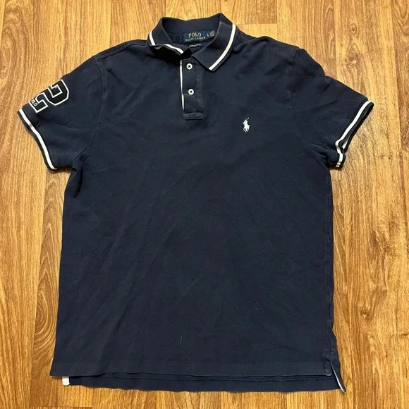 Polo Ralph Lauren Polo Shirt Mens L Navy Custom Slim Fit‎ Number 2 Tipped