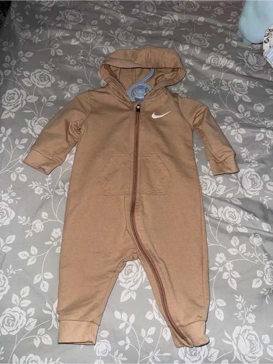 Nike Brown Hooded Infant One-Piece Footie with White Swoosh