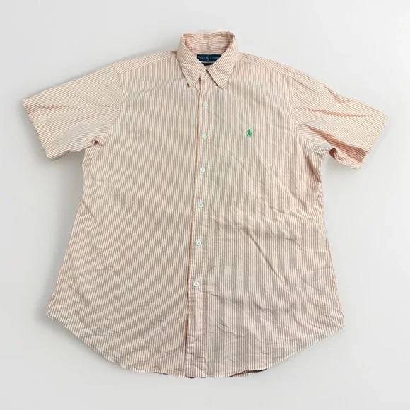 Ralph Lauren Custom Fit Mens Large Short Sleeve Striped Button Down Shirt Orange