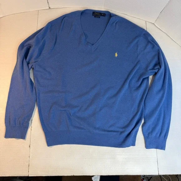 Ralph Lauren Men's 2XL Sweater Preppy Pony Blue Pima Cotton‎ V-neck Jumper EUC