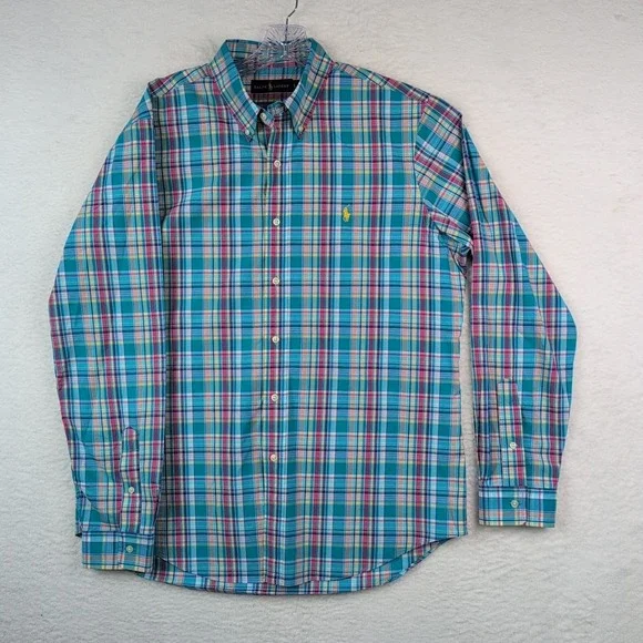 Polo Ralph Lauren Button Down Shirt‎ Men's Large Cotton Blue Pink Plaid Bright