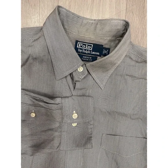 Polo by Ralph Lauren Shirt Mens VTG 16 34/35 Gray Striped Andrew Classic Fit‎