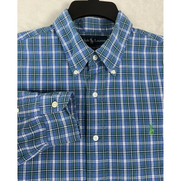 Polo Ralph Lauren Shirt Men Large Blue Check Custom Fit Gingham Button Up Casual