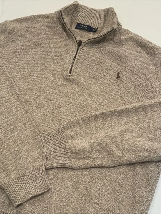 Polo Ralph Lauren Quarter Zip Mock Neck Pullover Sweater Mens XXL Beige Tan Pony