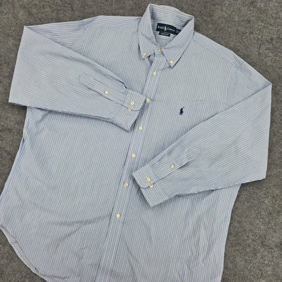 Ralph Lauren Classic Fit Striped Button Down Shirt Blue White Mens 17.5 34/35