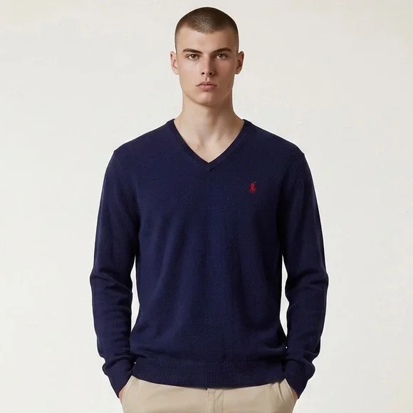 Polo Ralph Lauren V-Neck‎ Sweater Mens Large Navy Blue Merino Wool Italian Yarn