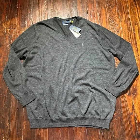 Polo Ralph Lauren Sweater Mens‎ 4XLT Gray 100% Merino Wool Knit V Neck Pony