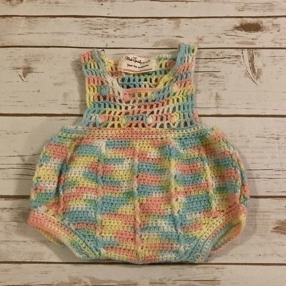 Vintage Handmade Crotchet Baby Pastel Rainbow Onesie 3-6 Months